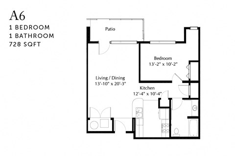 Floor plan for 1 bed, 1 bath, 728 sqft